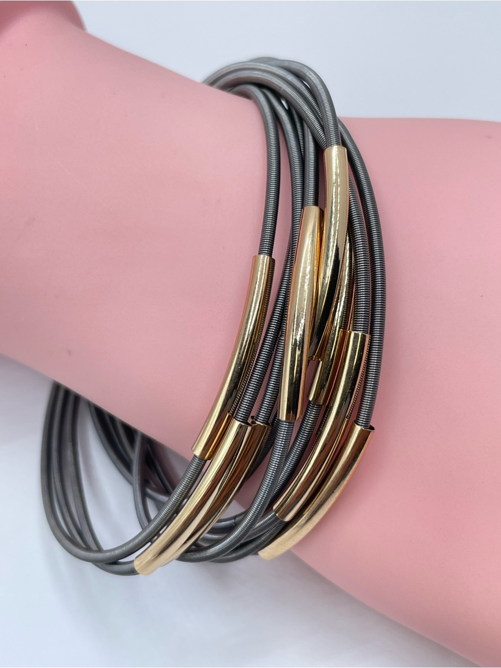 Gold Tone Piano String Stack Bracelet Layered Modern Boho Cuff Stretch